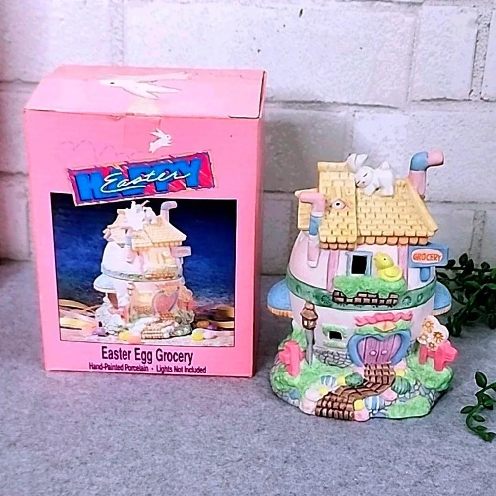Easter Egg Village Porcelain Buildings Grocery Hotel Police Station‎ 4 Pc Set
